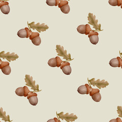 Soft Autumn Seamless Pattern with Acorns Leaves and Botanical Motifs © Olha