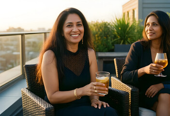 Fototapeta premium Friendship and social connection, two mature women enjoying drinks on a rooftop terrace during sunset for leisure and lifestyle relaxation