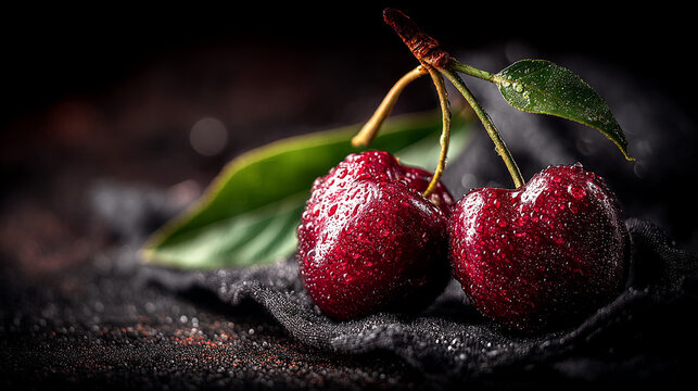 Fresh red cherries with water droplets and green leaves on dark surface red cherry raw food