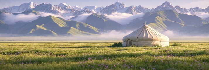 Obraz premium Traditional Nomad Yurt in Green Grassland Valley with Snowy Mountains