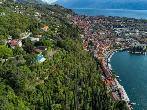 Aerial view of Lake Garda, Toscolano-Maderno, Chiesa dei Santi Faustino e Giovita - Monte Maderno, Province of Brescia, Lombardy, Italy