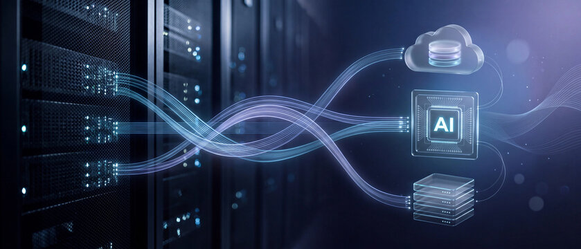 Cloud computing data center server racks connected with AI chip, cloud storage and virtual server infrastructure