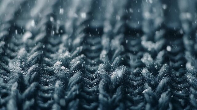 Rain falling on warm knitted winter sweater close up.
