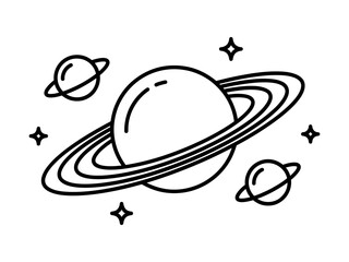 Minimalist planet saturn line art icon set featuring celestial bodies and sparkling stars for space theme decoration. © SULTANA