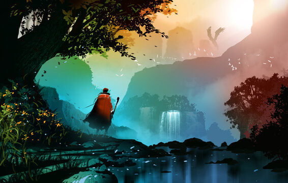 Lone Adventurer Facing a Mystical Waterfall in a Fantasy Landscape.