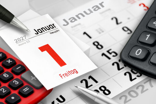 Deutscher Kalender  Datum 1. Januar 2027 Neujahr Finanzen und Rechner schwarz rot