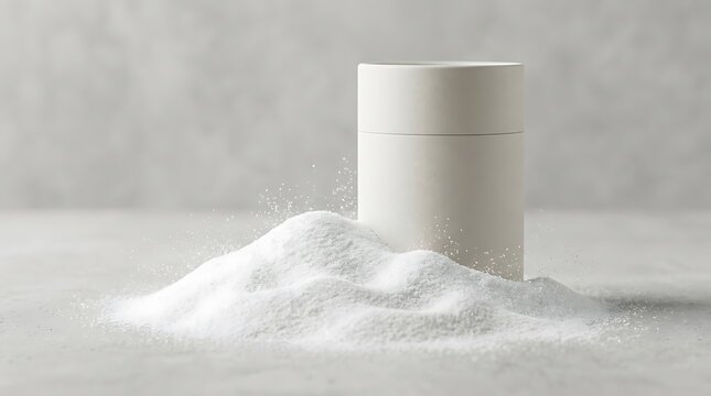 A pile of white powder salt or sugar next to a small round container. sodium bicarbonate branding
