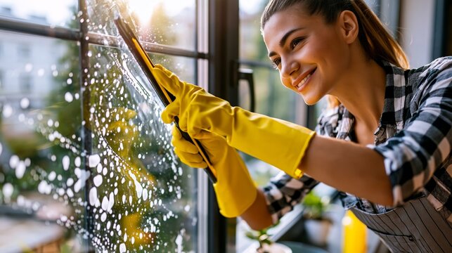 Smiling woman in yellow gloves cleaning a soapy window with a squeegee, wearing a checkered shirt.