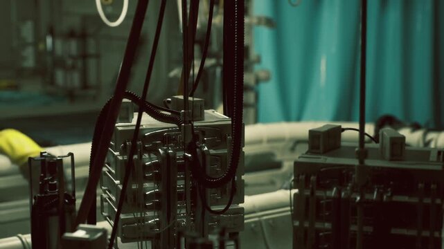 Power module interior space station battery racks, dense array of cells and conduits, coolant lines and control panels, gritty metal textures, subdued teal