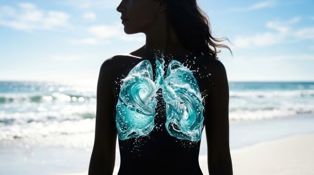 Respiratory wellness silhouette: fresh breath, healthy lung, ocean wave, splash spray, clean air, coastal breeze, human body, vitality aura, organic detox.