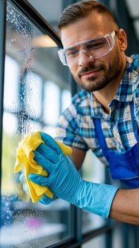 Professional cleaner in blue gloves and safety glasses wiping a soapy window with a yellow cloth.