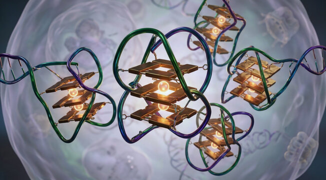 DNA quadruplex structures with stacked guanine tetrads, ion-stabilized cores, and metallic strand bridges inside a nuclear landscape.