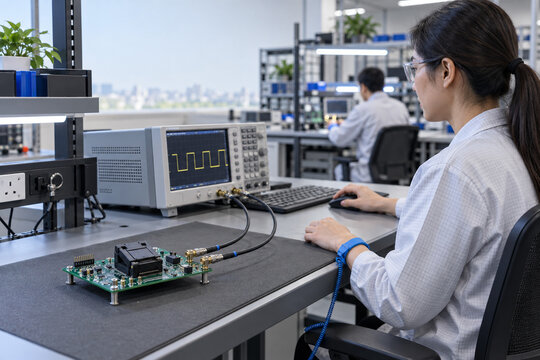 Technician Testing a Packaged Chip at an ESD Workbench