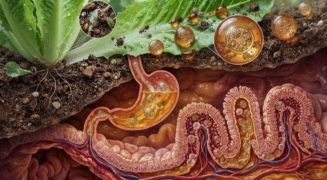 Cyclospora contamination from lettuce and polluted water through the digestive tract, showing produce safety, infection risk, and intestinal parasite spread.