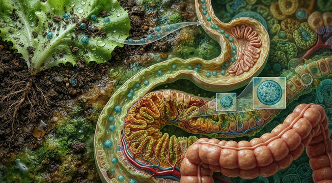Cyclospora contamination from lettuce and polluted water through the digestive tract, showing produce safety, infection risk, and intestinal parasite spread.