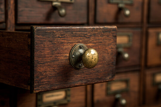 Vintage Wooden Card Catalog Drawer with Brass Handle