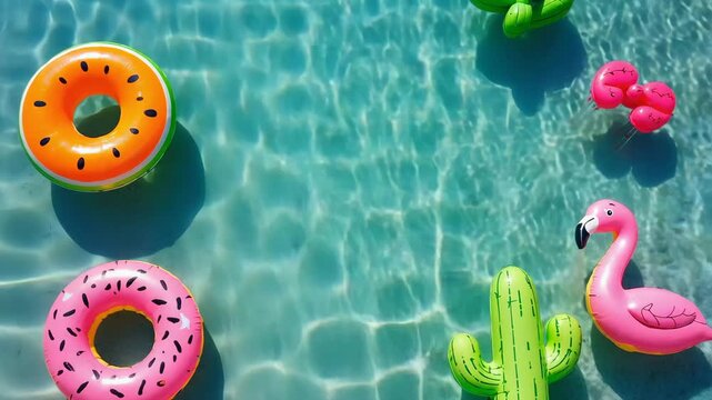 Colorful Inflatable Pool Floats Including Donut, Flamingo and Cactus in Swimming Pool for Summer Vacation Concept