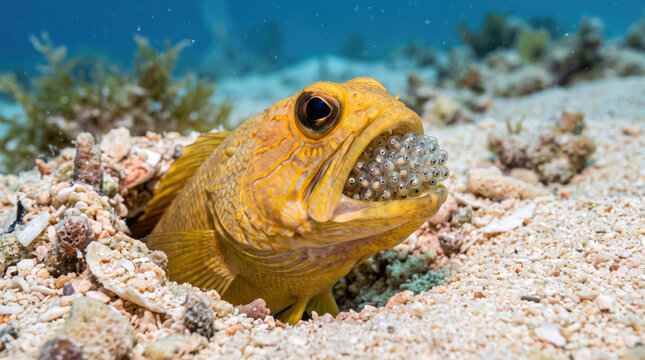 Golden frogfish camouflaged among coral and shells in tropical ocean waters
