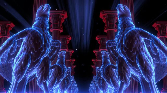 Symmetrical Corridor of Glowing Eagle Statues and Red Neon Columns