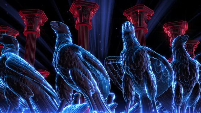 Low Angle Blue Crystal Eagle Statues Glowing Among Red Neon Columns