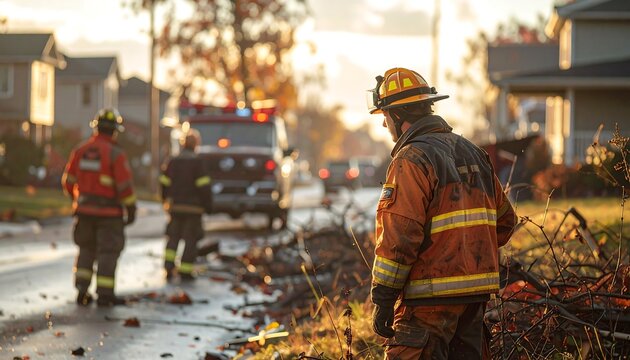 Firefighters responding to emergency scene with fire truck in background.
