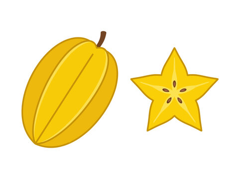 Yellow starfruit and star fruit slice on white