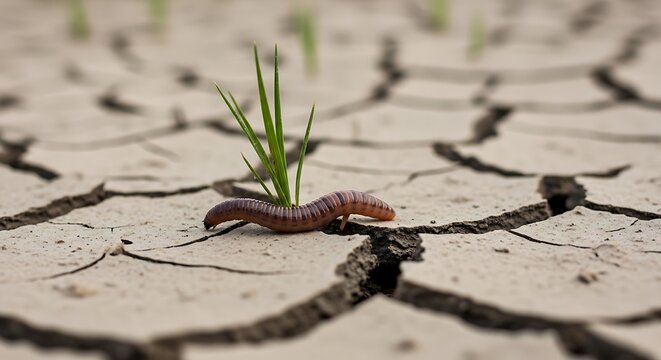 Worm emerging from cracked dry soil after rain return