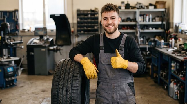 Cheerful Mechanic Giving a Thumbs-Up While Holding a Large Car Tire