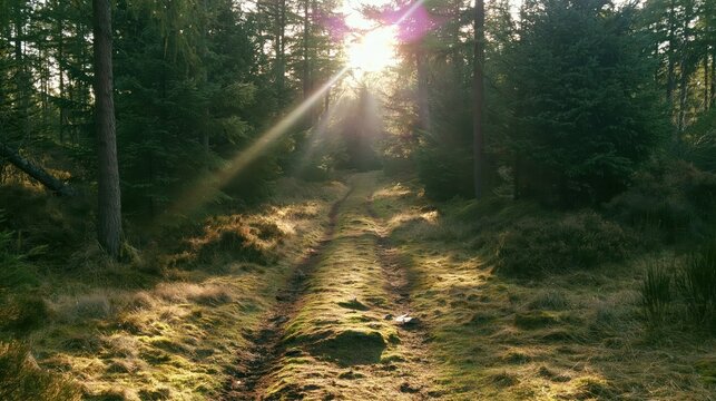 Forest path bathed in sunlight with visible sun rays