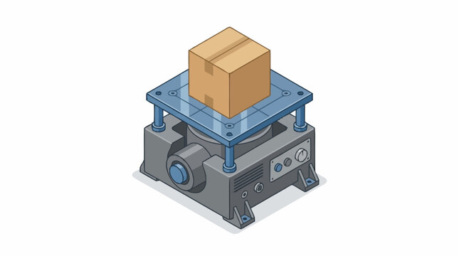 Isometric view of a industrial vibration test machine with a cardboard box.