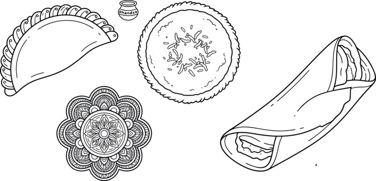 Indian Street Food Line Art Vector Illustration Set with Gujiya Samosa Dosa Patishapta Pitha and Mandala Ornaments for Festival Celebration Designs