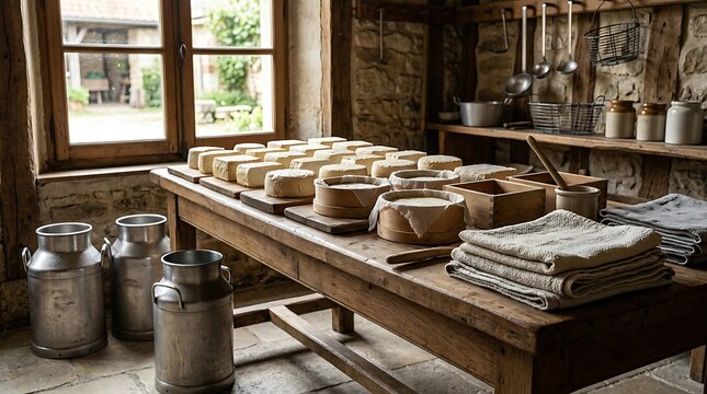 Fresh cheese wheels aging on wooden table in a traditional dairy production room. local cheese producers
