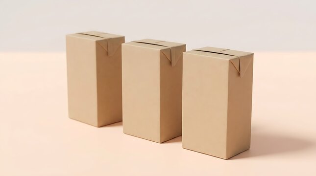 Three blank brown cardboard juice boxes standing in a row. juice box mockup