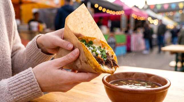 Female hands holding crispy birria taco wrapped in paper with beef broth dip