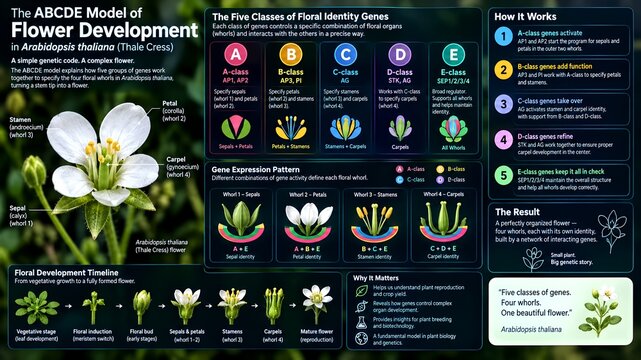 ABCDE model of flower development infographic, plant genetics and floral identity genes science diagram, Arabidopsis thaliana biology poster