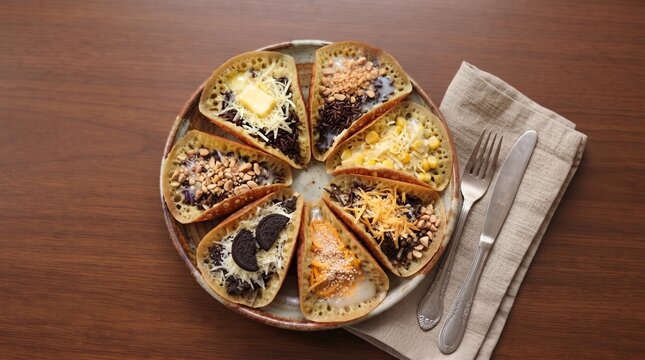 Top view of assorted folded mini Indonesian sweet martabak manis pancakes with chocolate, cheese, butter, peanuts, sweet corn, cookies, and sesame on a ceramic plate.