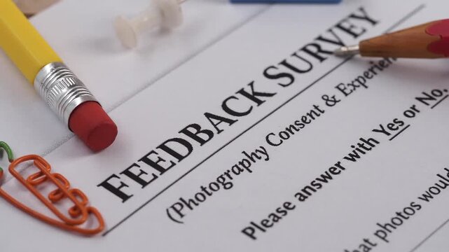 Close up of feedback survey with pencils and paperclips on a table, slow motion motion.