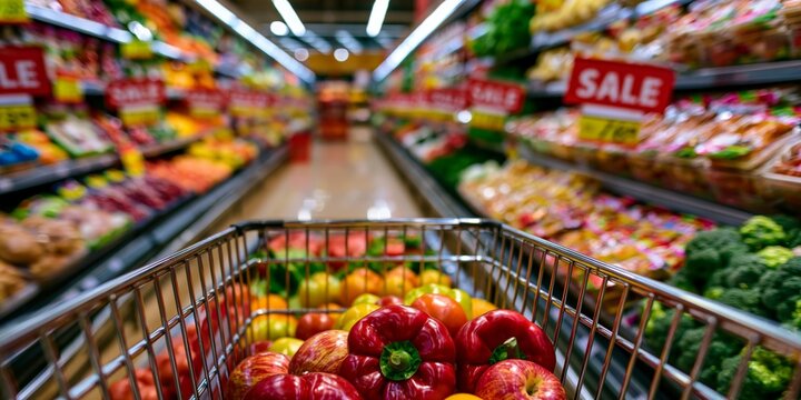 Shopping cart filled with fresh red peppers and apples in a brightly lit grocery store aisle, surrounded by colorful produce and sale signs.