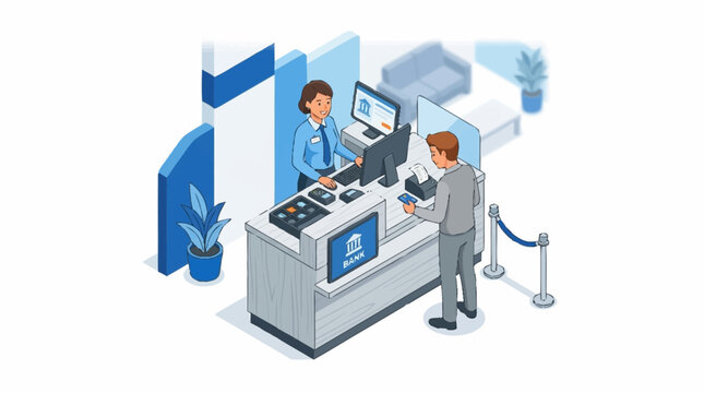 Isometric illustration of a customer interacting with a bank teller at a service counter.