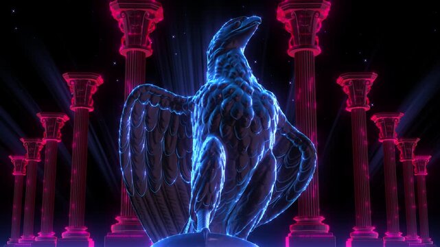 Blue Crystal AMERICAN Eagle Statue With Spread Wings and Pink Neon Columns