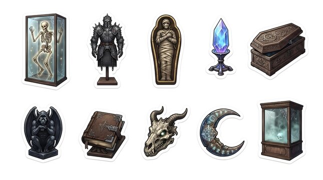 Set of ten detailed gothic horror stickers featuring spooky mystical artifacts skeletons armor mummy crystals and occult magic items