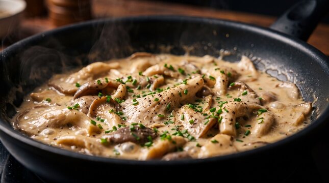 Delicious Beef Stroganoff Cooking in a Frying Pan with Herbs.