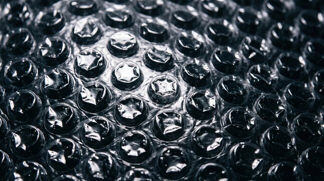Close-up macro shot of dark bubble wrap texture with light reflections.