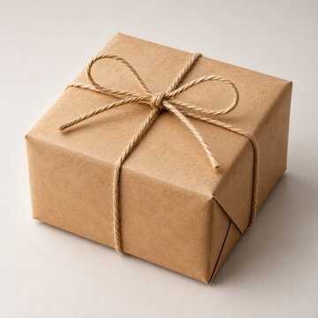 Small square gift box wrapped in rustic brown kraft paper with twine bow on white background