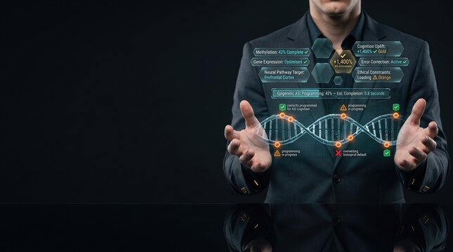 ASI epigenetic programming concept with DNA methylation markers and cognitive enhancement in futuristic dark workspace