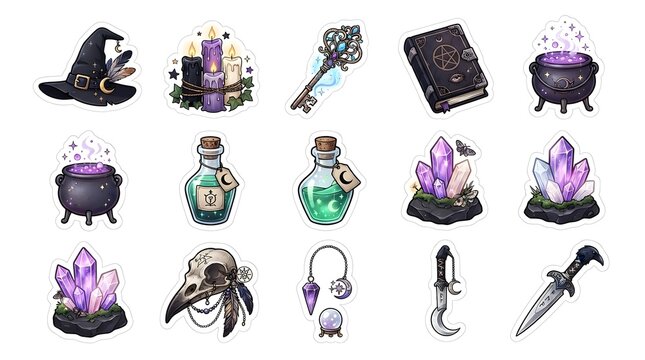 Set of fifteen hand drawn gothic witch and magic elements isolated on white for halloween scrapbooking crafts and fantasy design projects
