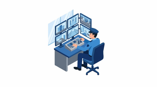 Isometric security guard monitoring surveillance cameras at control room desk.