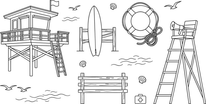 Lifeguard beach safety vector set with watchtower surfboard lifebuoy high chair wooden bench and waves line art illustration