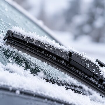 Close up of a car windshield wiper covered in fresh white snow during a cold winter weather day