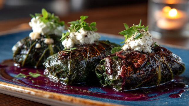 Gourmet stuffed cabbage rolls topped with goat cheese and herbs on a blue plate
